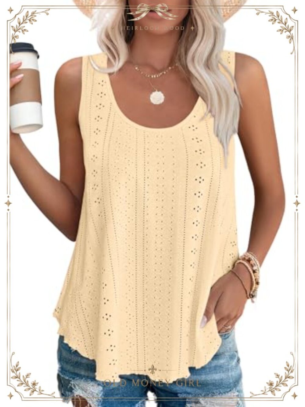 Eyelet Embroidery Scoop Neck Tank Top Loose Sleeveless Summer Shirt